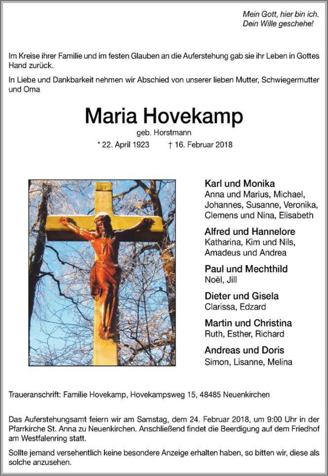Todesanzeige Maria Hovekamp